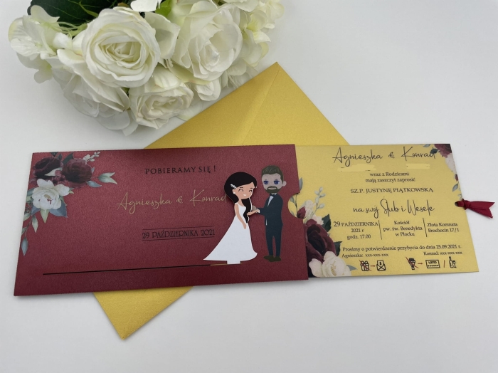 Zaproszenie ślubne ruchome Roses model 3, bordowo złote eleganckie zaproszenie Płock Egraven