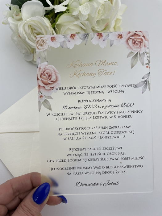 Akrylowe zaproszenie VIP, prośba o błogosławieństwo_Emily