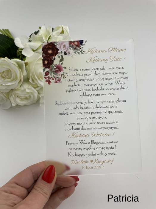Zaproszenie akrylowe VIP, prośba o błogosławieństwo_Patricia