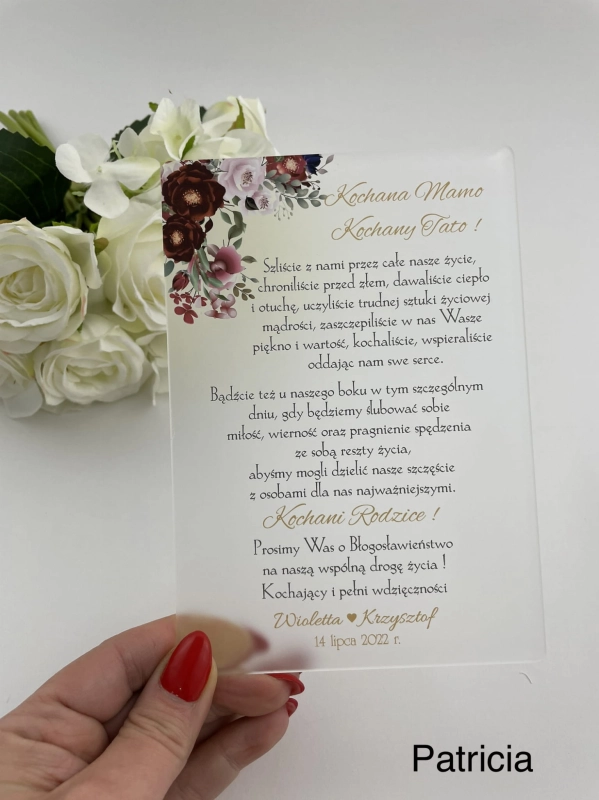 Zaproszenie akrylowe VIP, prośba o błogosławieństwo_Patricia