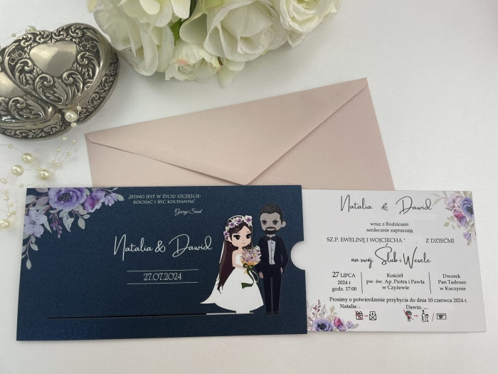 Eleganckie zaproszenie ślubne ruchome Cataleya w kolorystyce granatowo białej.jpg