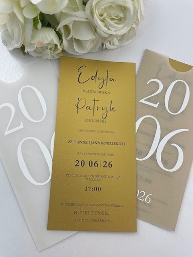 Zaproszenie ślubne minimalistyczne DL etui z kalki, biały nadruk złoty papier.JPG