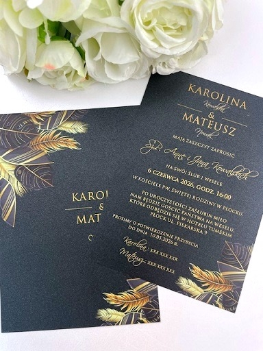 Jednokartkowe zaproszenie glamour czarny papier, złote liści.JPG