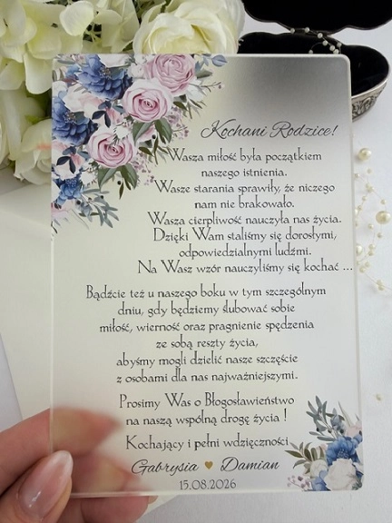 Elegancka prośba o błogosławieństwo dla rodziców, mamy, taty na satynowej plexi w kwiatowym romantycznym stylu kolekcja Fiorella.JPG