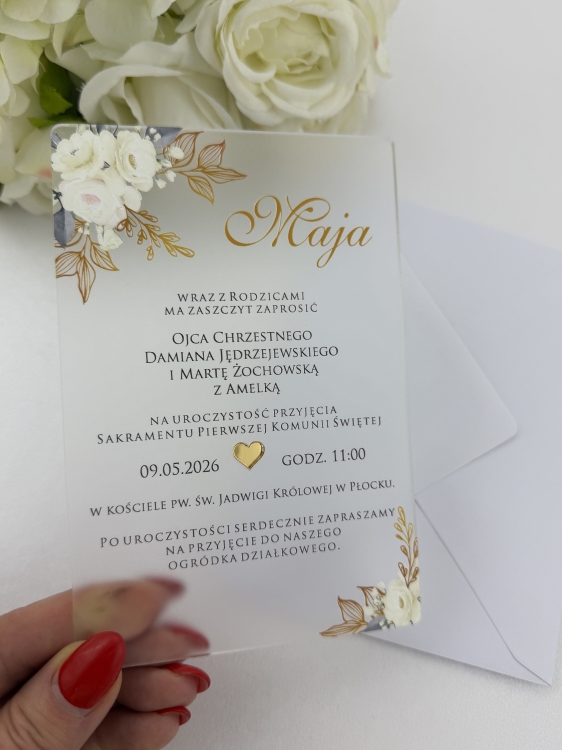 Akrylowe zaproszenie na pierwszą komunię świętą ze złotym serduszkiem.JPG