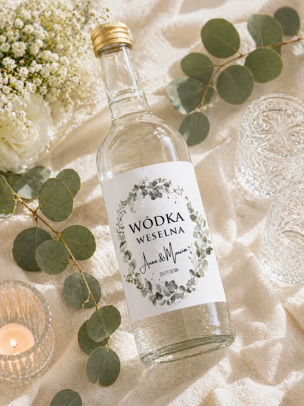 Personalizowana naklejka z eukaliptusem wódka weselna z .PNG