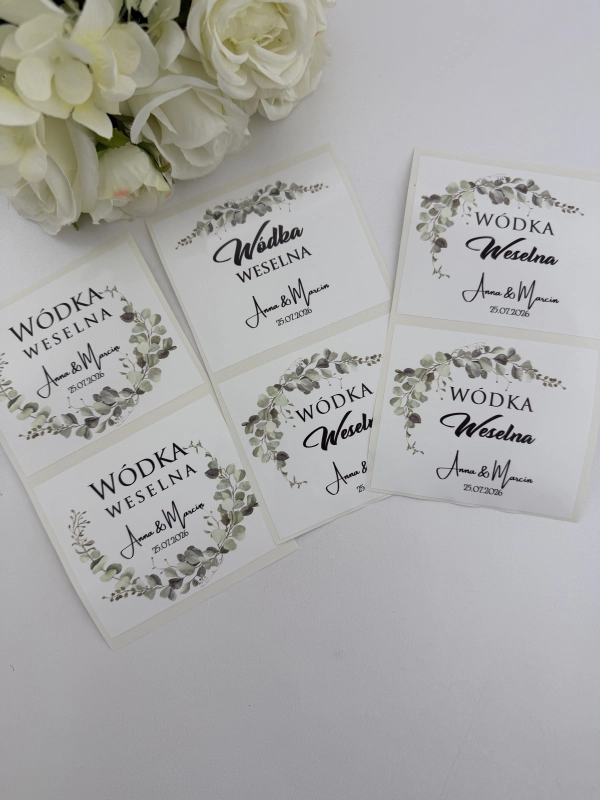 Naklejki na wódkę weselną, podziękowania dla gośći, personalizowane z eukaliptusem.JPG