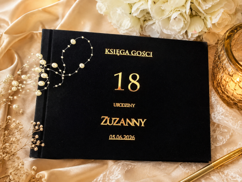 Welurowa księga gości na 18 ze złotymi ozdobami z lustrzanej pleksy kartki białe lub czarne.png