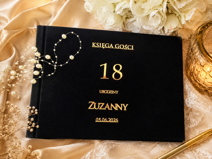 Welurowa księga gości na 18 ze złotymi ozdobami z lustrzanej pleksy kartki białe lub czarne.png