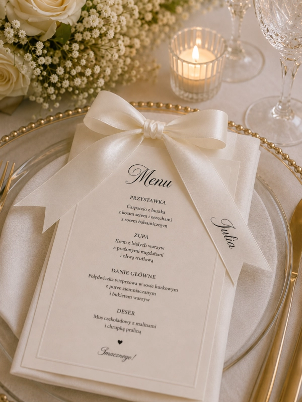 Drukowane imię na wstążce satynowej, kokarda zdobiąca menu.PNG