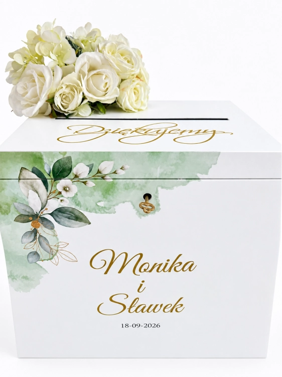 Duże personalizowane pudełko na koperty ślubne Greenery.PNG